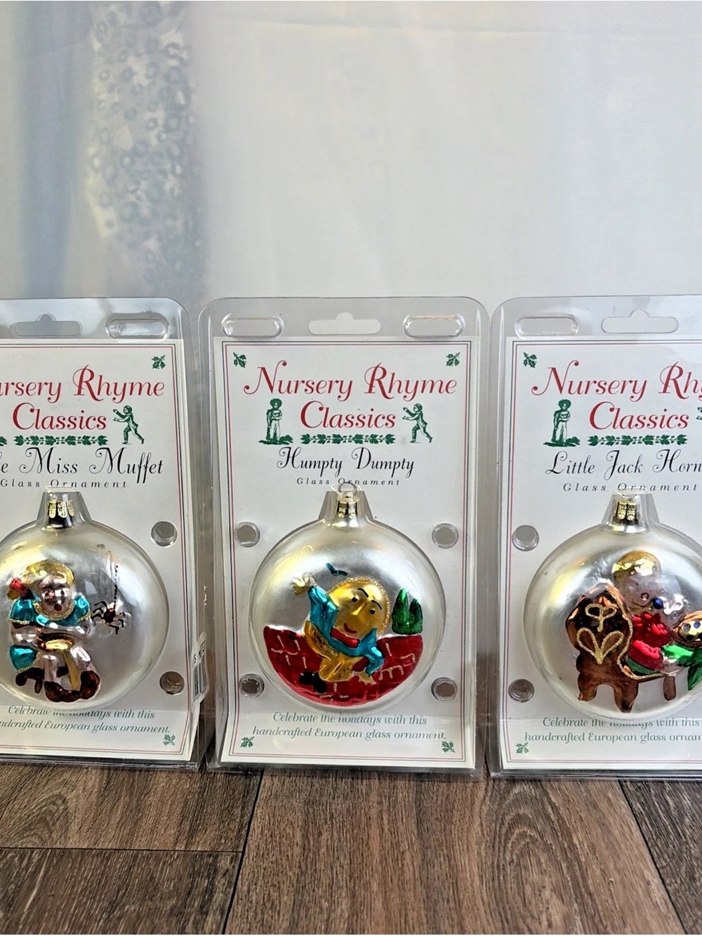 Set of 3 NEW in Package Bronson Nursery Rhyme Classics Round Glass Ornaments